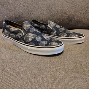 Vans Classic Slip On Wireface Skulls Shoes Blue Black Canvas Mens 11.5 Punk Goth